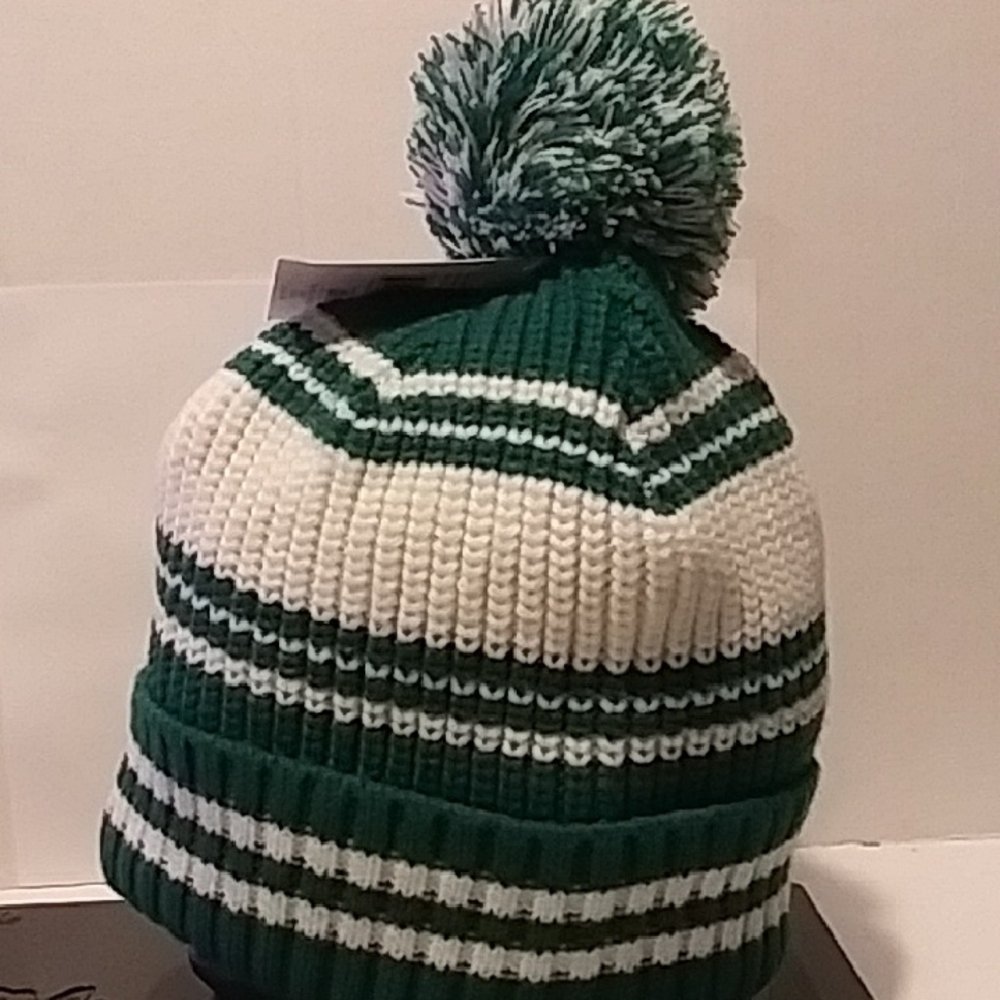 Striped Green and White Adult Beanie with Pom-Pom